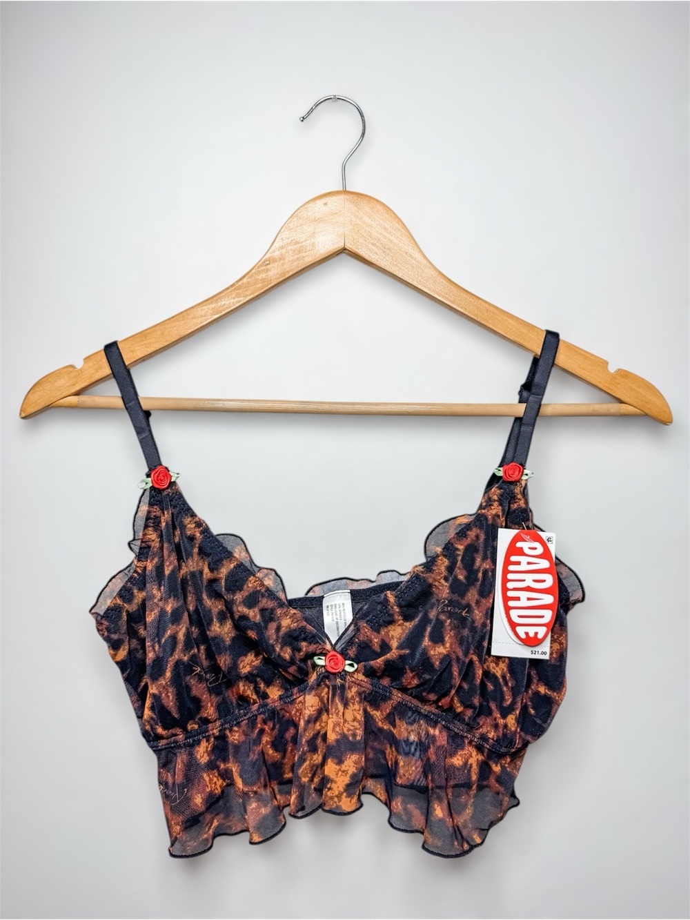 New Parade Leopard Print Ruffle Bralette in Brown & Black Medium